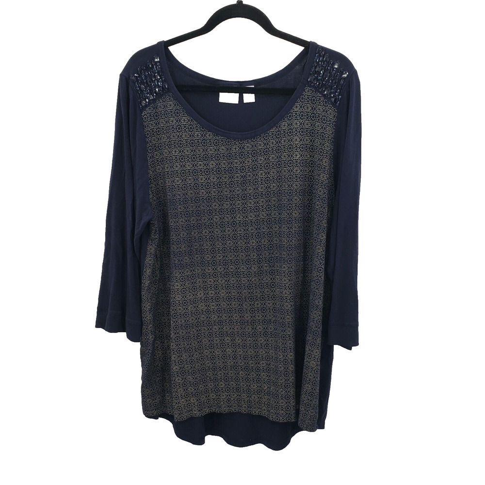 Chico's Blue Geometric Print Knit Top Womens Size XL 3 3/4 Sleeve Beaded